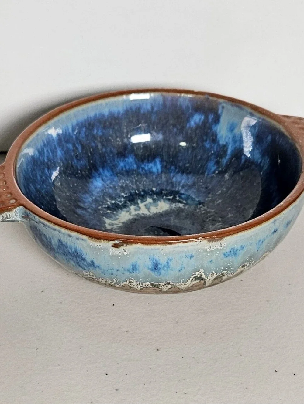 Rustic Glazed Small Pottery Bowl Dbl Handle Hand Made Blue Glaze